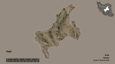 İran 'ın Yazd eyaleti, başkenti sağlam bir zemin üzerinde izole edilmiştir. Uzaklık ölçeği, bölge önizlemesi ve etiketleri. Uydu görüntüleri. 3B görüntüleme