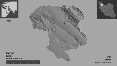 Zanjan 'ın şekli, İran eyaleti ve başkenti. Uzaklık ölçeği, ön gösterimler ve etiketler. Çift seviyeli yükseklik haritası. 3B görüntüleme