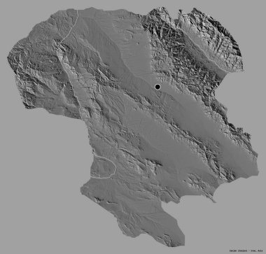 İran 'ın Zanjan eyaleti, başkenti katı renk arkaplanı ile izole edilmiştir. Çift seviyeli yükseklik haritası. 3B görüntüleme