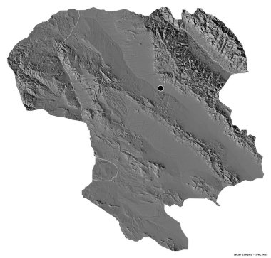 İran 'ın Zanjan eyaleti, başkenti beyaz arka planda izole edilmiştir. Çift seviyeli yükseklik haritası. 3B görüntüleme