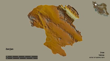 İran 'ın Zanjan eyaleti, başkenti sağlam bir zemin üzerinde izole edilmiştir. Uzaklık ölçeği, bölge önizlemesi ve etiketleri. Topografik yardım haritası. 3B görüntüleme