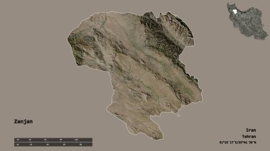 İran 'ın Zanjan eyaleti, başkenti sağlam bir zemin üzerinde izole edilmiştir. Uzaklık ölçeği, bölge önizlemesi ve etiketleri. Uydu görüntüleri. 3B görüntüleme