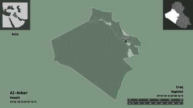 Al-Anbar 'ın şekli, Irak vilayeti ve başkenti. Uzaklık ölçeği, ön gösterimler ve etiketler. Renkli yükseklik haritası. 3B görüntüleme