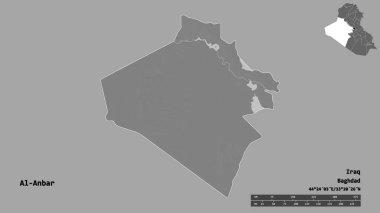 Irak 'ın başkenti El-Anbar' ın katı bir arka planda izole edilmiş hali. Uzaklık ölçeği, bölge önizlemesi ve etiketleri. Çift seviyeli yükseklik haritası. 3B görüntüleme