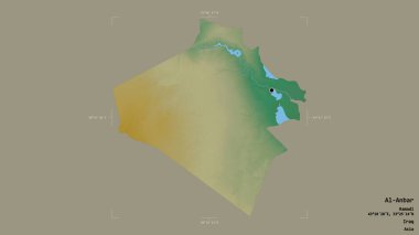 Al-Anbar bölgesi, Irak vilayeti, jeoreferatlı bir sınır kutusunda sağlam bir arka planda izole edilmiş. Etiketler. Topografik yardım haritası. 3B görüntüleme