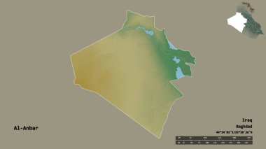 Irak 'ın başkenti El-Anbar' ın katı bir arka planda izole edilmiş hali. Uzaklık ölçeği, bölge önizlemesi ve etiketleri. Topografik yardım haritası. 3B görüntüleme
