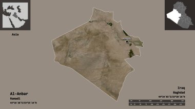 Al-Anbar 'ın şekli, Irak vilayeti ve başkenti. Uzaklık ölçeği, ön gösterimler ve etiketler. Uydu görüntüleri. 3B görüntüleme