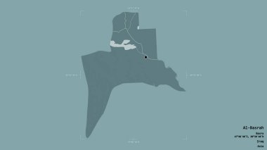 El-Basrah bölgesi, Irak eyaleti, jeoreferatlı bir sınır kutusunda sağlam bir arka planda izole edilmiş. Etiketler. Renkli yükseklik haritası. 3B görüntüleme