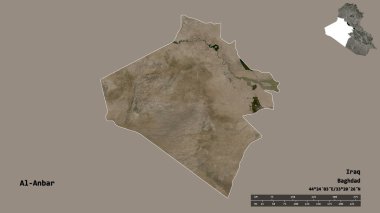 Irak 'ın başkenti El-Anbar' ın katı bir arka planda izole edilmiş hali. Uzaklık ölçeği, bölge önizlemesi ve etiketleri. Uydu görüntüleri. 3B görüntüleme