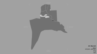 El-Basrah bölgesi, Irak eyaleti, jeoreferatlı bir sınır kutusunda sağlam bir arka planda izole edilmiş. Etiketler. Çift seviyeli yükseklik haritası. 3B görüntüleme