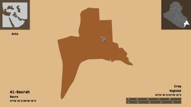 Al-Basrah 'ın şekli, Irak vilayeti ve başkenti. Uzaklık ölçeği, ön gösterimler ve etiketler. Desenli dokuların bileşimi. 3B görüntüleme