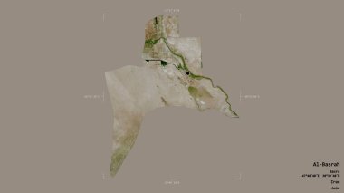 El-Basrah bölgesi, Irak eyaleti, jeoreferatlı bir sınır kutusunda sağlam bir arka planda izole edilmiş. Etiketler. Uydu görüntüleri. 3B görüntüleme