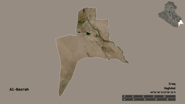Irak eyaleti El-Basrah 'ın şekli, başkenti sağlam bir zemin üzerinde izole edilmiş. Uzaklık ölçeği, bölge önizlemesi ve etiketleri. Uydu görüntüleri. 3B görüntüleme