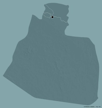 Irak eyaleti Al-Muthannia 'nın şekli, başkenti katı renk arkaplanı ile izole edilmiş. Renkli yükseklik haritası. 3B görüntüleme