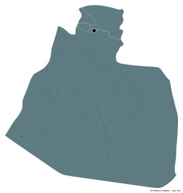 Irak 'ın başkenti El-Muthannia' nın beyaz arka planda izole edilmiş hali. Renkli yükseklik haritası. 3B görüntüleme