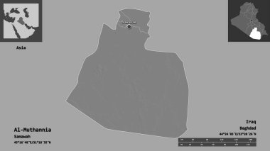 Muthannia 'nın şekli, Irak eyaleti ve başkenti. Uzaklık ölçeği, ön gösterimler ve etiketler. Çift seviyeli yükseklik haritası. 3B görüntüleme
