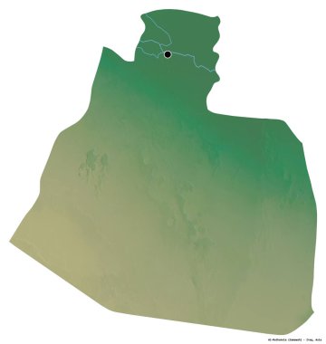 Irak 'ın başkenti El-Muthannia' nın beyaz arka planda izole edilmiş hali. Topografik yardım haritası. 3B görüntüleme