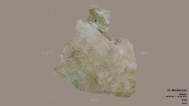 Irak 'ın El-Muthannia bölgesi, katı bir arka planda izole edilmiş bir sınır kutusunda. Etiketler. Uydu görüntüleri. 3B görüntüleme