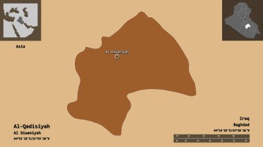 El-Kadıysiyah 'ın şekli, Irak eyaleti ve başkenti. Uzaklık ölçeği, ön gösterimler ve etiketler. Desenli dokuların bileşimi. 3B görüntüleme