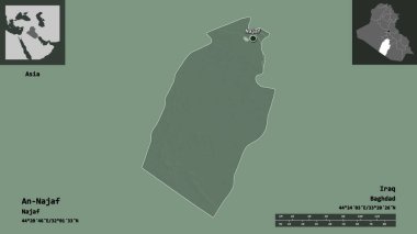 An-Najaf 'ın şekli, Irak vilayeti ve başkenti. Uzaklık ölçeği, ön gösterimler ve etiketler. Renkli yükseklik haritası. 3B görüntüleme
