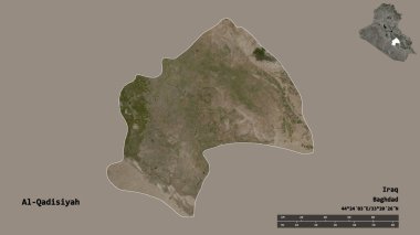 El-Kadıysiyah 'ın şekli, Irak eyaleti, başkenti sağlam arka planda izole edilmiş. Uzaklık ölçeği, bölge önizlemesi ve etiketleri. Uydu görüntüleri. 3B görüntüleme