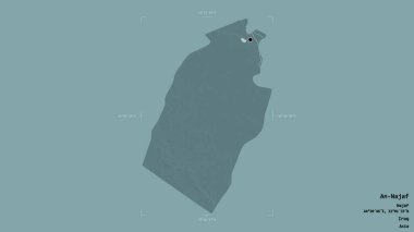 An-Najaf bölgesi, Irak vilayeti, jeoreferatlı bir sınır kutusunda sağlam bir arka planda izole edilmiş. Etiketler. Renkli yükseklik haritası. 3B görüntüleme