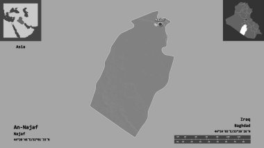 An-Najaf 'ın şekli, Irak vilayeti ve başkenti. Uzaklık ölçeği, ön gösterimler ve etiketler. Çift seviyeli yükseklik haritası. 3B görüntüleme