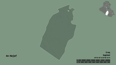 Irak 'ın başkenti An-Najaf' ın katı bir arka planı vardır. Uzaklık ölçeği, bölge önizlemesi ve etiketleri. Renkli yükseklik haritası. 3B görüntüleme