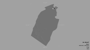 An-Najaf bölgesi, Irak vilayeti, jeoreferatlı bir sınır kutusunda sağlam bir arka planda izole edilmiş. Etiketler. Çift seviyeli yükseklik haritası. 3B görüntüleme