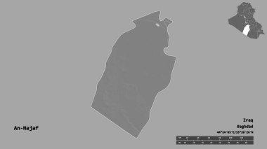 Irak 'ın başkenti An-Najaf' ın katı bir arka planı vardır. Uzaklık ölçeği, bölge önizlemesi ve etiketleri. Çift seviyeli yükseklik haritası. 3B görüntüleme