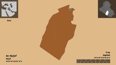 An-Najaf 'ın şekli, Irak vilayeti ve başkenti. Uzaklık ölçeği, ön gösterimler ve etiketler. Desenli dokuların bileşimi. 3B görüntüleme