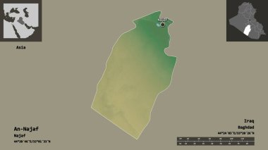 An-Najaf 'ın şekli, Irak vilayeti ve başkenti. Uzaklık ölçeği, ön gösterimler ve etiketler. Topografik yardım haritası. 3B görüntüleme