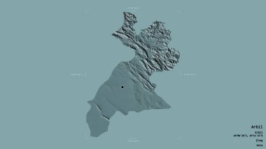Erbil bölgesi, Irak eyaleti, jeoreferatlı bir sınır kutusunda sağlam bir arka planda izole edilmiş. Etiketler. Renkli yükseklik haritası. 3B görüntüleme