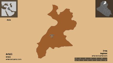 Erbil 'in şekli, Irak eyaleti ve başkenti. Uzaklık ölçeği, ön gösterimler ve etiketler. Desenli dokuların bileşimi. 3B görüntüleme