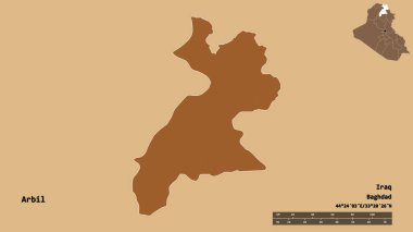 Irak eyaleti Erbil 'in şekli, başkenti sağlam bir zemin üzerinde izole edilmiş. Uzaklık ölçeği, bölge önizlemesi ve etiketleri. Desenli dokuların bileşimi. 3B görüntüleme