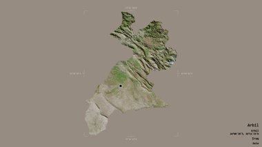 Erbil bölgesi, Irak eyaleti, jeoreferatlı bir sınır kutusunda sağlam bir arka planda izole edilmiş. Etiketler. Uydu görüntüleri. 3B görüntüleme