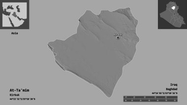 At-Ta 'mim' in şekli, Irak vilayeti ve başkenti. Uzaklık ölçeği, ön gösterimler ve etiketler. Çift seviyeli yükseklik haritası. 3B görüntüleme