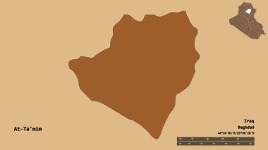 Irak 'ın başkenti At-Ta' mim 'in katı arka planda izole edilmiş hali. Uzaklık ölçeği, bölge önizlemesi ve etiketleri. Desenli dokuların bileşimi. 3B görüntüleme