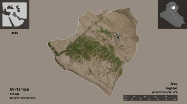 At-Ta 'mim' in şekli, Irak vilayeti ve başkenti. Uzaklık ölçeği, ön gösterimler ve etiketler. Uydu görüntüleri. 3B görüntüleme