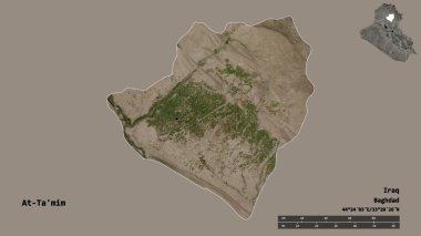 Irak 'ın başkenti At-Ta' mim 'in katı arka planda izole edilmiş hali. Uzaklık ölçeği, bölge önizlemesi ve etiketleri. Uydu görüntüleri. 3B görüntüleme