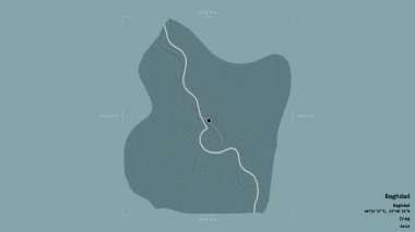 Bağdat bölgesi, Irak vilayeti, jeoreferatlı bir sınır kutusunda sağlam bir arka planda izole edilmiş. Etiketler. Renkli yükseklik haritası. 3B görüntüleme