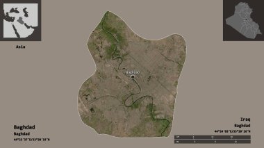 Bağdat 'ın şekli, Irak eyaleti ve başkenti. Uzaklık ölçeği, ön gösterimler ve etiketler. Uydu görüntüleri. 3B görüntüleme