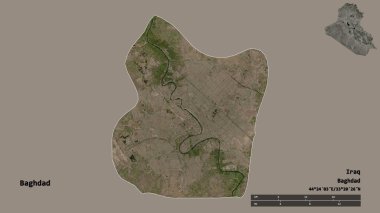 Bağdat 'ın şekli, Irak eyaleti, başkenti sağlam arka planda izole edilmiş. Uzaklık ölçeği, bölge önizlemesi ve etiketleri. Uydu görüntüleri. 3B görüntüleme