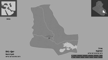 Dhi-Qar 'ın şekli, Irak eyaleti ve başkenti. Uzaklık ölçeği, ön gösterimler ve etiketler. Çift seviyeli yükseklik haritası. 3B görüntüleme