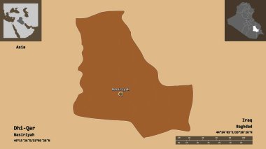 Dhi-Qar 'ın şekli, Irak eyaleti ve başkenti. Uzaklık ölçeği, ön gösterimler ve etiketler. Desenli dokuların bileşimi. 3B görüntüleme