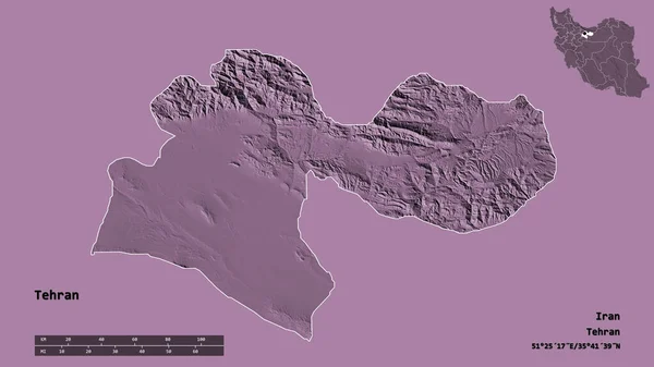 德黑兰的形状 伊朗的省 其首都孤立的坚实的背景 距离尺度 区域预览和标签 彩色高程图 3D渲染 — 图库照片