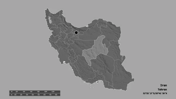 Forme Désaturée Iran Avec Capitale Principale Division Régionale Région Séparée — Photo