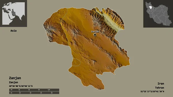 イランの州ザニャンとその首都の形 距離スケール プレビューおよびラベル 地形図 3Dレンダリング — ストック写真