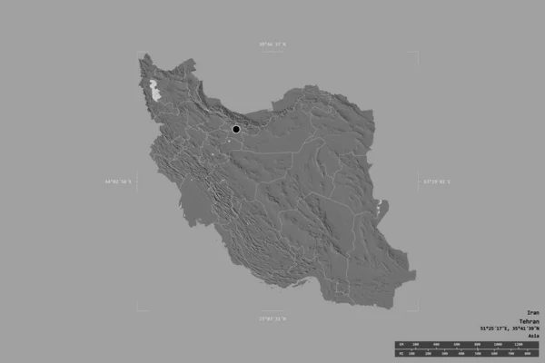 イランの地域は 洗練された境界の箱の中の強固な背景に隔離されました 主な地域部門 距離スケール ラベル 標高マップ 3Dレンダリング — ストック写真