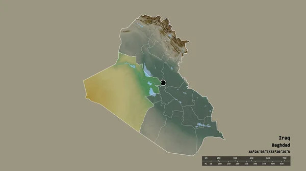 以首都 主要区域分部和分离的安巴尔地区为首都的伊拉克的绝望面貌 地形浮雕图 3D渲染 — 图库照片